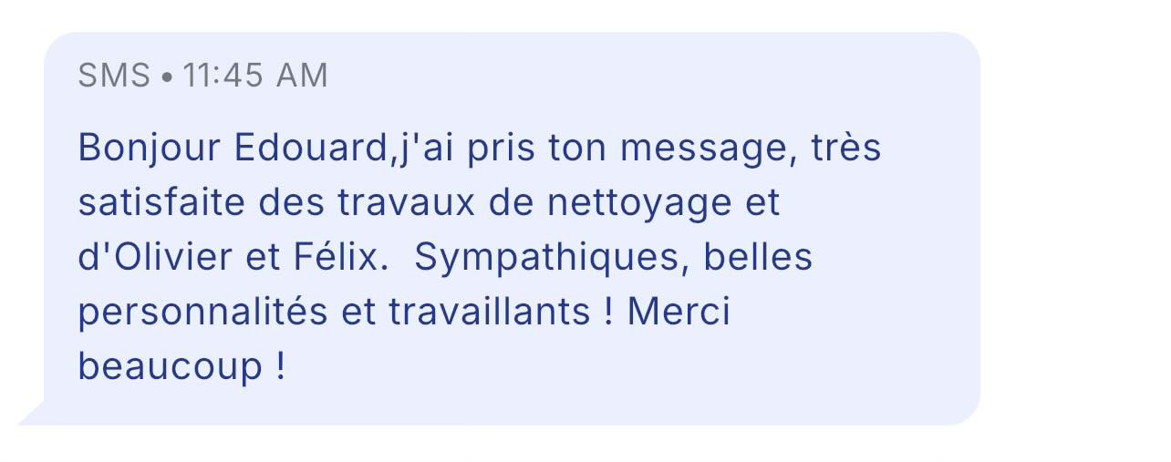 Message texte d'une cliente très satisfaite